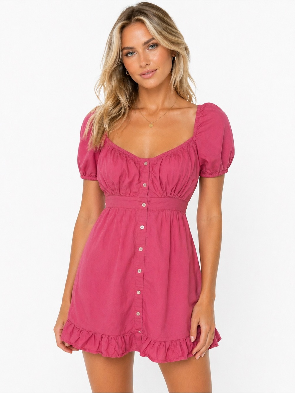 Cottagecore Milkmaid Puff Sleeve Mini Dress Pink Ruffle Button Front Sim & Sam